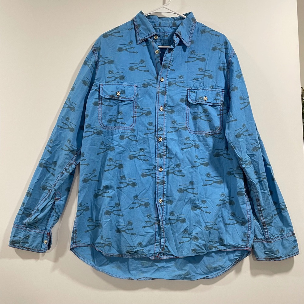 Barn Fly Trading Mens Large Blue Spur Print Western Button Down Cotton Shirt
